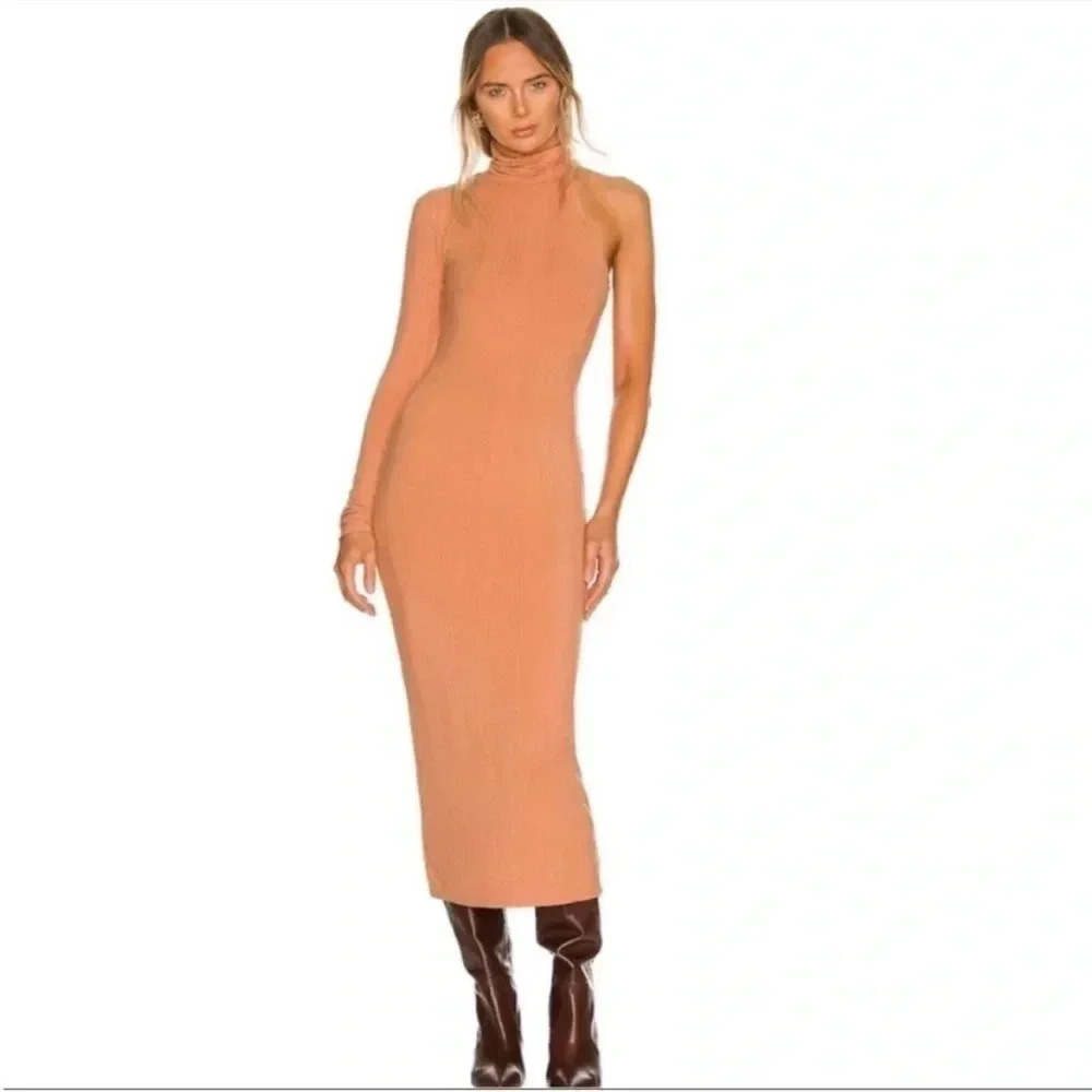 Lovers + Friends Trisha ribbed nude one sleeve midi dress